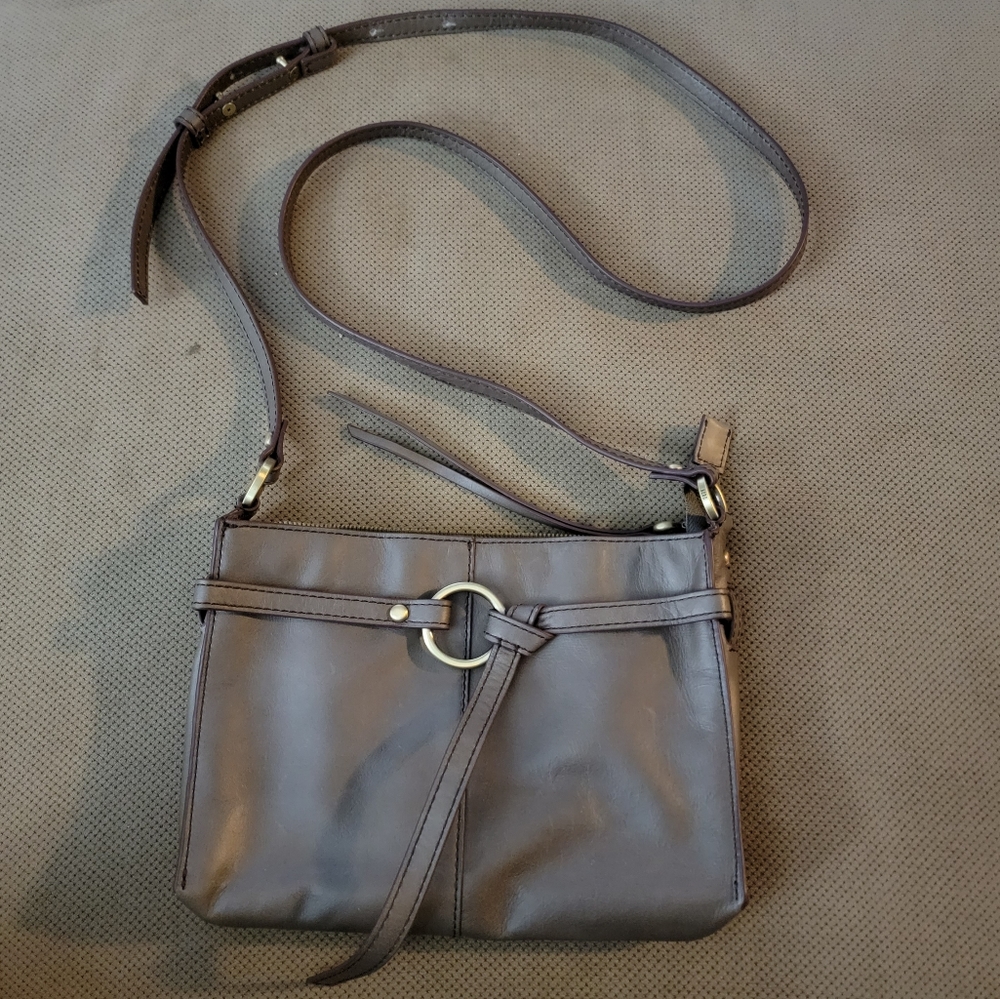 HOBO Taupe Leather Crossbody Bag with Gold Tone Ring